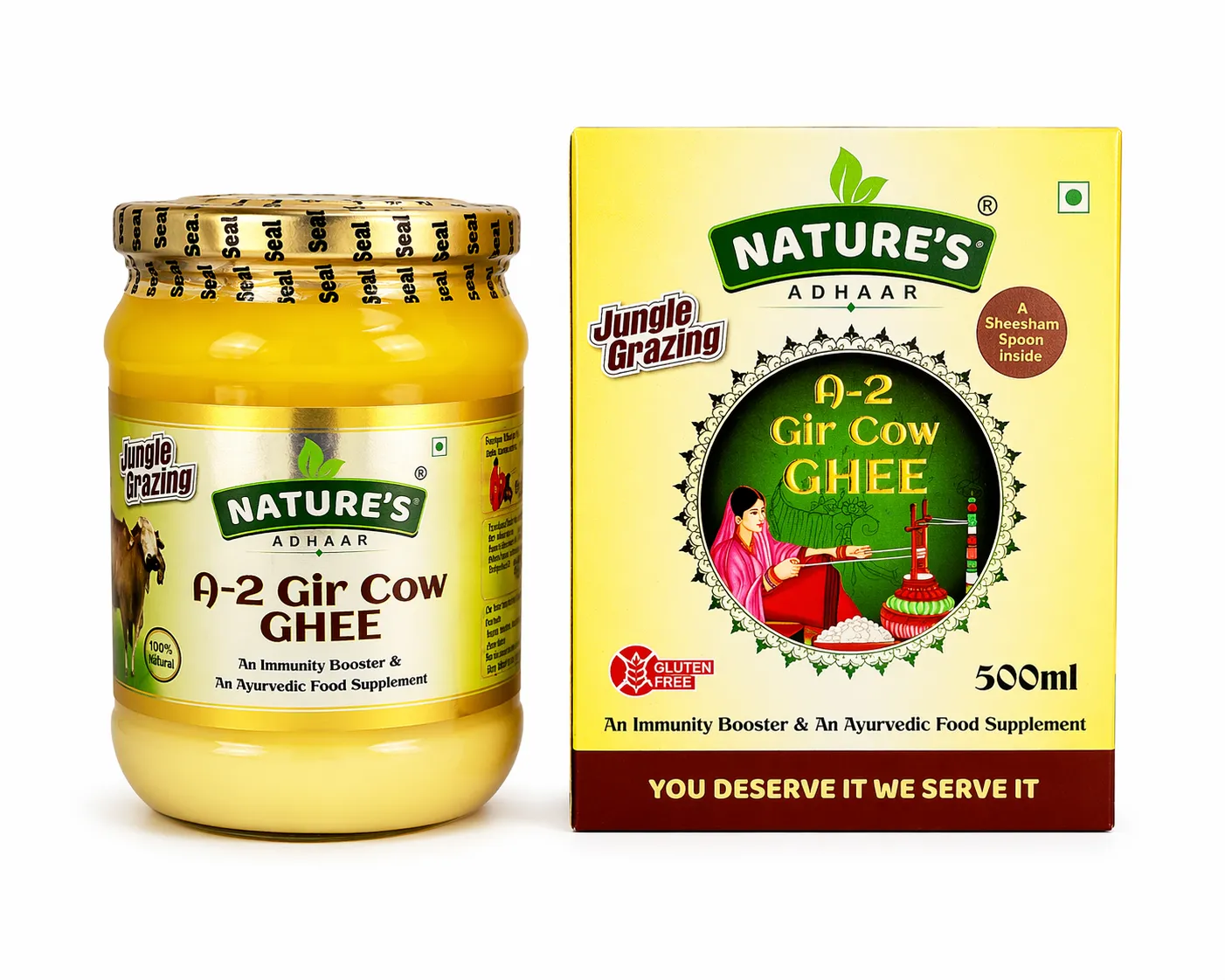 Nature's Adhaar Premium A2 Gir Cow Bilona Ghee 500ml – Jungle Grazed, Grass-Fed, Curd Churned, Traditional Handmade Desi Ghee, 100% Pure & Natural Forest Grazing | Pure Desi Ghee Jar– (500ml) (Pack of 2) - Image 2