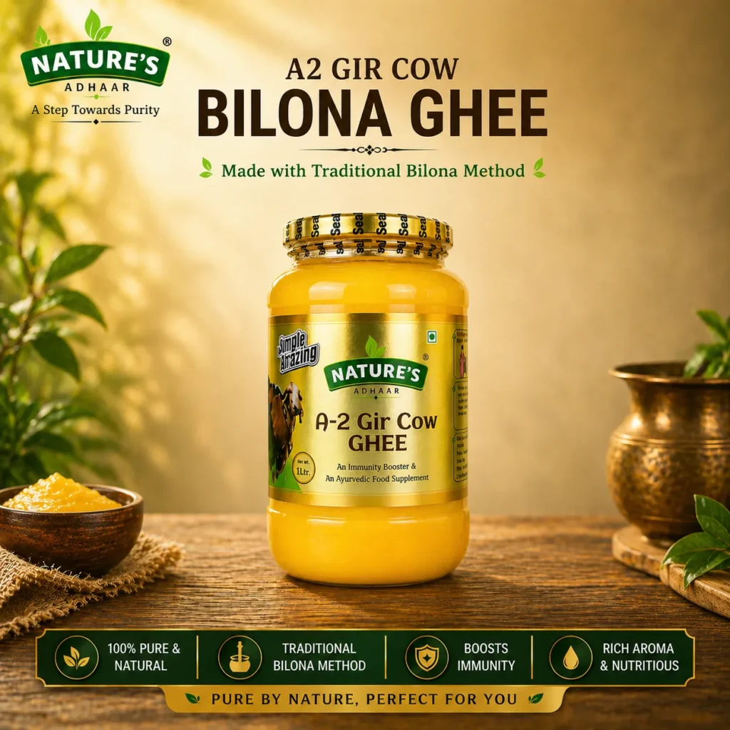 Nature's Adhaar A2 Gir Cow Bilona Ghee 1L (1000ml) | | 100% Natural | Jungle Grazing | Kuno Forest Region | Grass-Fed | Curd Churned | Traditional Bilona Method | Authentic Desi Ghee |100% Pure & Natural Desi Ghee