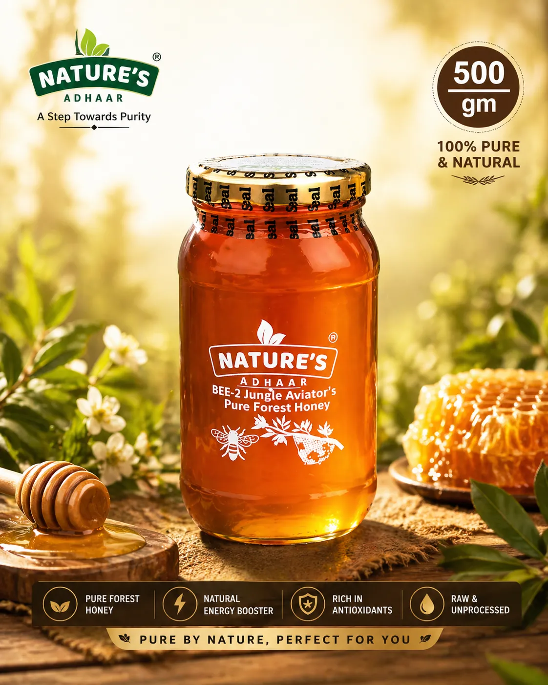 Bee 2 Jungle Aviators Pure Forest Honey (500g and 250g) | Raw Unprocessed Jungle Harvested Honey | Wild Natural Nectar From Treetop Hives | Glass Jar Packaging (Combo) - Image 2