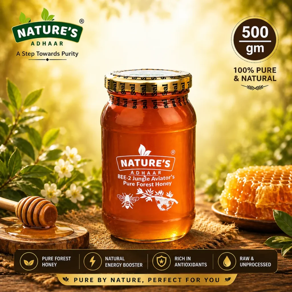 Nature's Adhaar Bee 2 Jungle Aviators Pure Forest Honey | Raw Unprocessed Jungle Harvested Honey | Wild Natural Nectar From Treetop Hives | Glass Jar Packaging | 500Gram