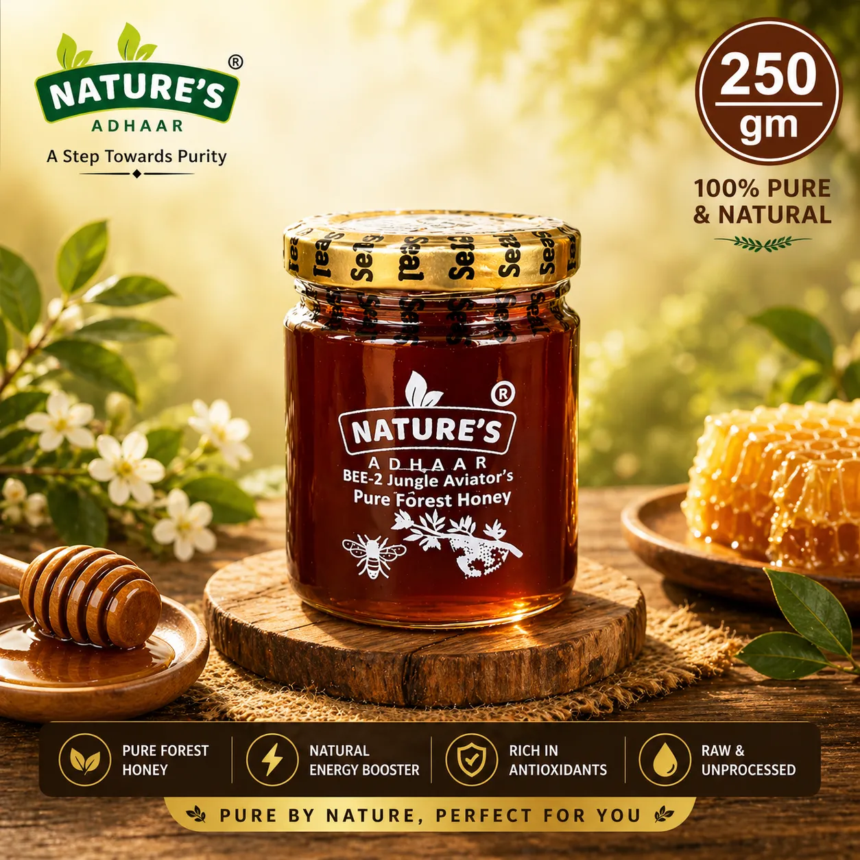 Bee 2 Jungle Aviators Pure Forest Honey (500g and 250g) | Raw Unprocessed Jungle Harvested Honey | Wild Natural Nectar From Treetop Hives | Glass Jar Packaging (Combo) - Image 3