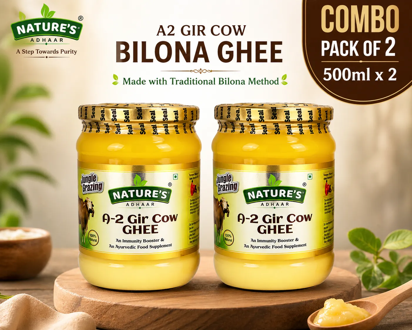 Nature's Adhaar A2 Gir Cow Bilona Ghee 500ml(Pack of 2)– Jungle Grazed, Grass-Fed, Curd Churned, Traditional Handmade Desi Ghee, 100% Pure & Natural Forest Grazing | Pure Desi Ghee Jar– (500ml) - Image 3