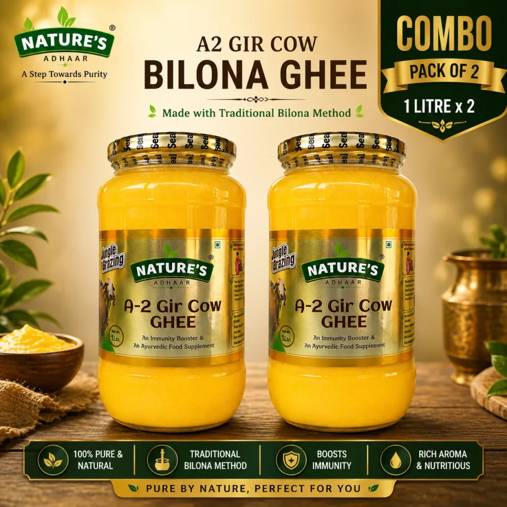 Nature's Adhaar A2 Gir Cow Bilona Ghee | Pack of 2 (2 × 1L) | Jungle Grazing | Kuno Forest Region | Grass-Fed | Curd Churned | 100% Natural | Authentic Desi Ghee