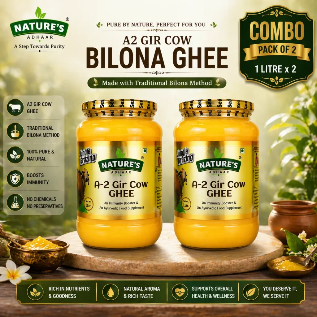 Nature's Adhaar A2 Gir Cow Bilona Ghee | Pack of 2 (2 × 1L) | Jungle Grazing | Kuno Forest Region | Curd Churned | Traditional Bilona Method | 100% Pure & Natural Desi Ghee | Authentic Desi Ghee | 100% Natural