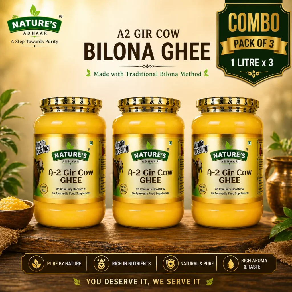 Nature's Adhaar A2 Gir Cow Bilona Ghee | Pack of 3 (3 × 1L) | Jungle Grazing | Kuno Forest Region | Curd Churned | Traditional Bilona Method | 100% Pure & Natural Desi Ghee | Authentic Desi Ghee