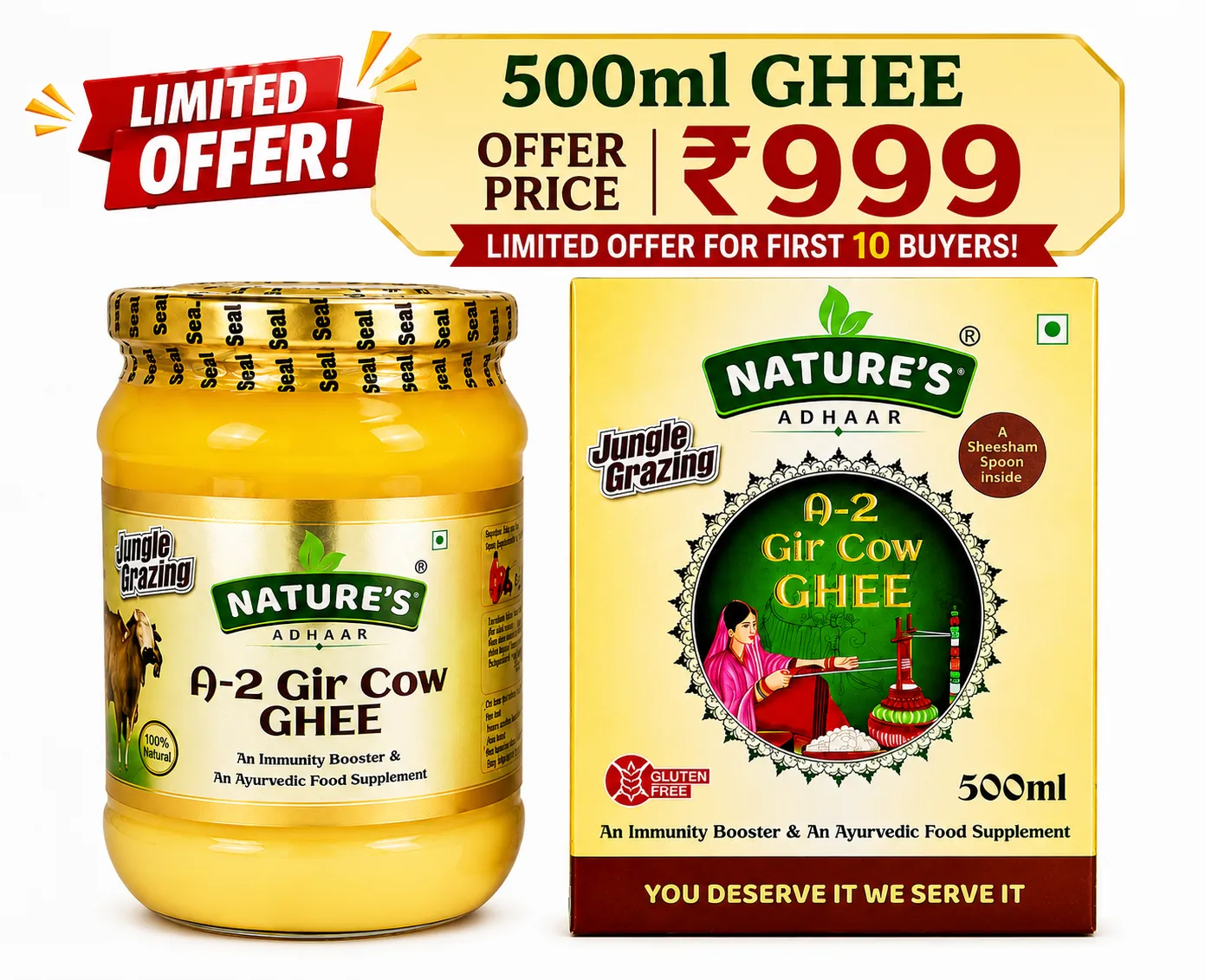 Nature's Adhaar Premium A2 Gir Cow Bilona Ghee 500ml | Authentic Desi Ghee | Jungle Grazing | Kuno Forest Region | Traditional Bilona Method | Grass-Fed | 100% Pure & Natural