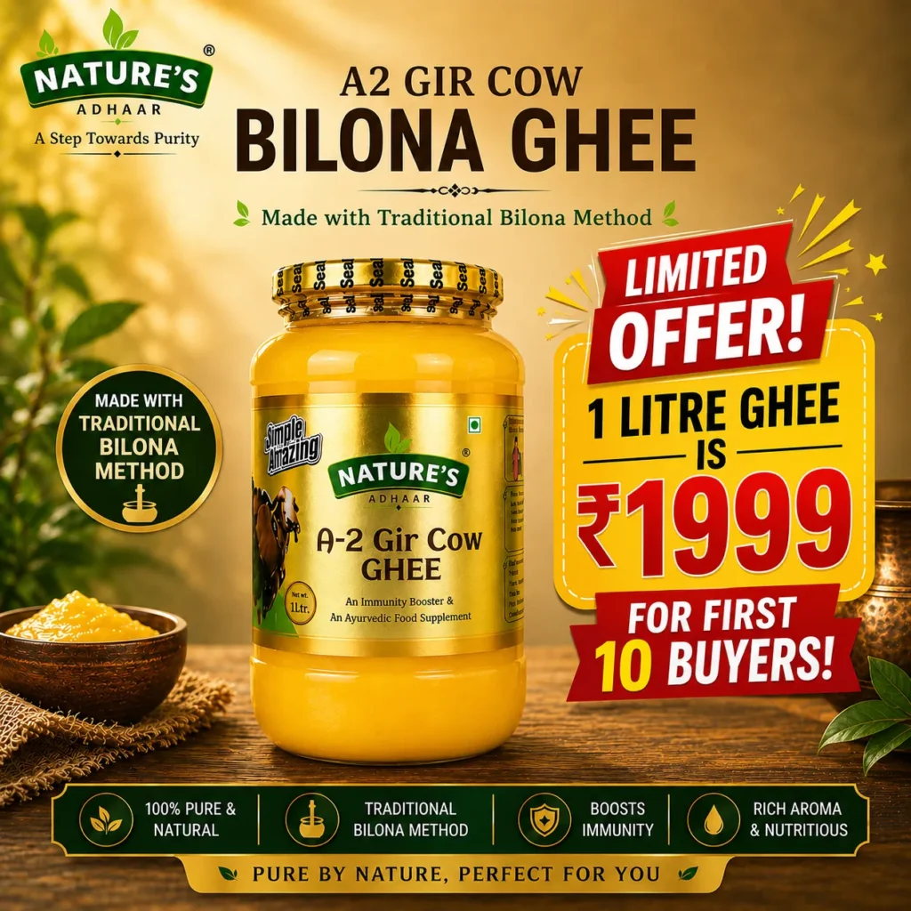 Nature's Adhaar A2 Gir Cow Bilona Ghee 1L (1000ml) | | 100% Natural | Jungle Grazing | Kuno Forest Region | Grass-Fed | Curd Churned | Traditional Bilona Method | Authentic Desi Ghee |100% Pure & Natural Desi Ghee