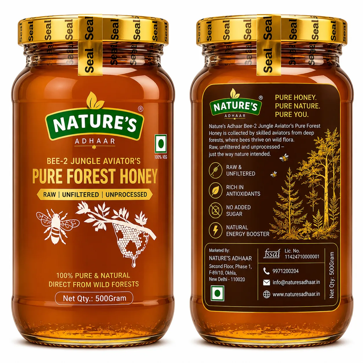 Bee 2 Jungle Aviators Authentic Pure Forest Honey 500g | Raw & Unprocessed | Jungle Harvested | Wild Natural Nectar | Treetop Hives | 100% Pure & Natural | Glass Jar | Product of India