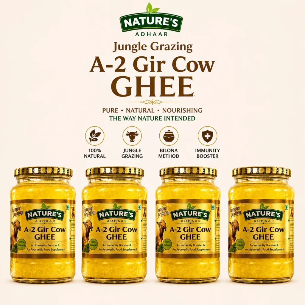 Nature's Adhaar A2 Ghee | Gir Cow Ghee | Bilona Method | Jungle Grazed | Grass-Fed | Handmade | Authentic Desi Ghee | 100% Natural | Curd Churned | Premium Desi Ghee (Combo) (1L (Pack of 4)
