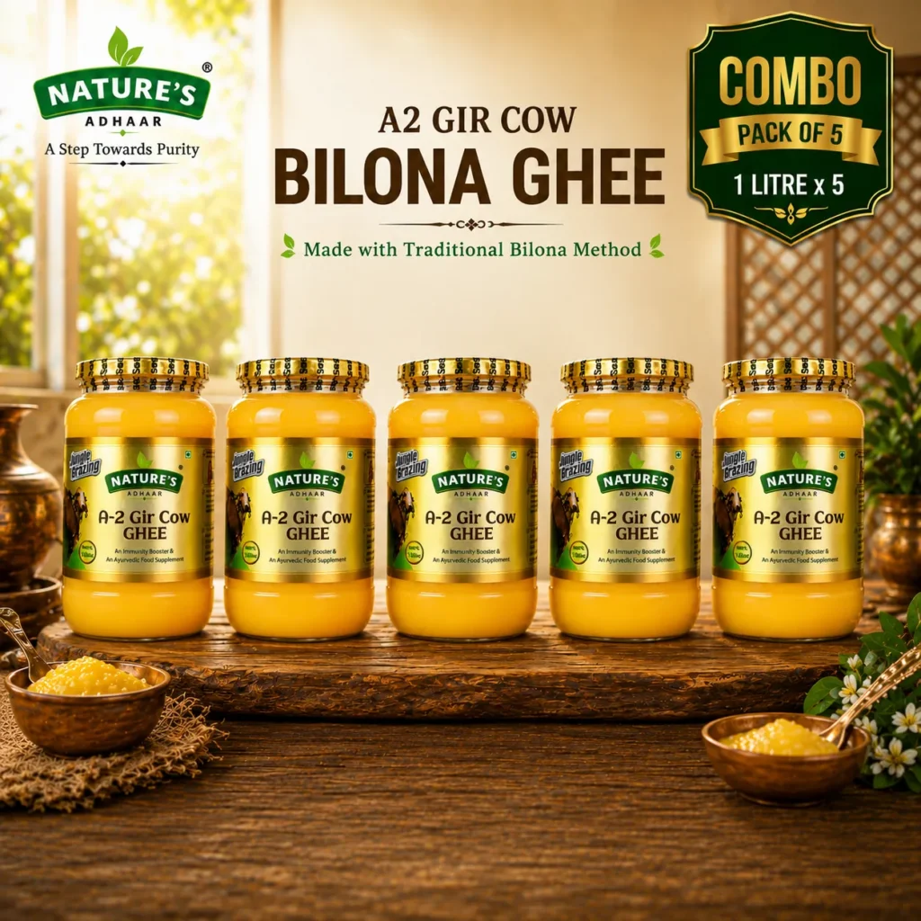 Nature's Adhaar A2 Gir Cow Bilona Ghee | Pack of 5 (5 × 1L) | Jungle Grazing | Grass-Fed | Curd Churned | Premium Desi Ghee | Authentic Desi Ghee | 100% Natural
