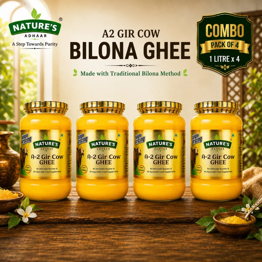 Nature's Adhaar A2 Gir Cow Bilona Ghee | Pack of 4 (4 × 1L) | Jungle Grazing | Kuno Forest Region | Grass-Fed | Curd Churned | Traditional Bilona Method | 100% Pure & Natural Desi Ghee