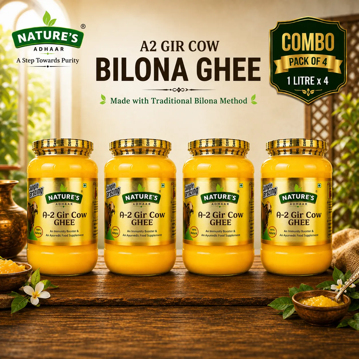 Nature's Adhaar Premium A2 Ghee | Gir Cow Ghee | (1L (Pack of 4) | Bilona Method | Jungle Grazed | Grass-Fed | Handmade | Authentic Desi Ghee | 100% Natural | Curd Churned | Premium Desi Ghee (Combo)