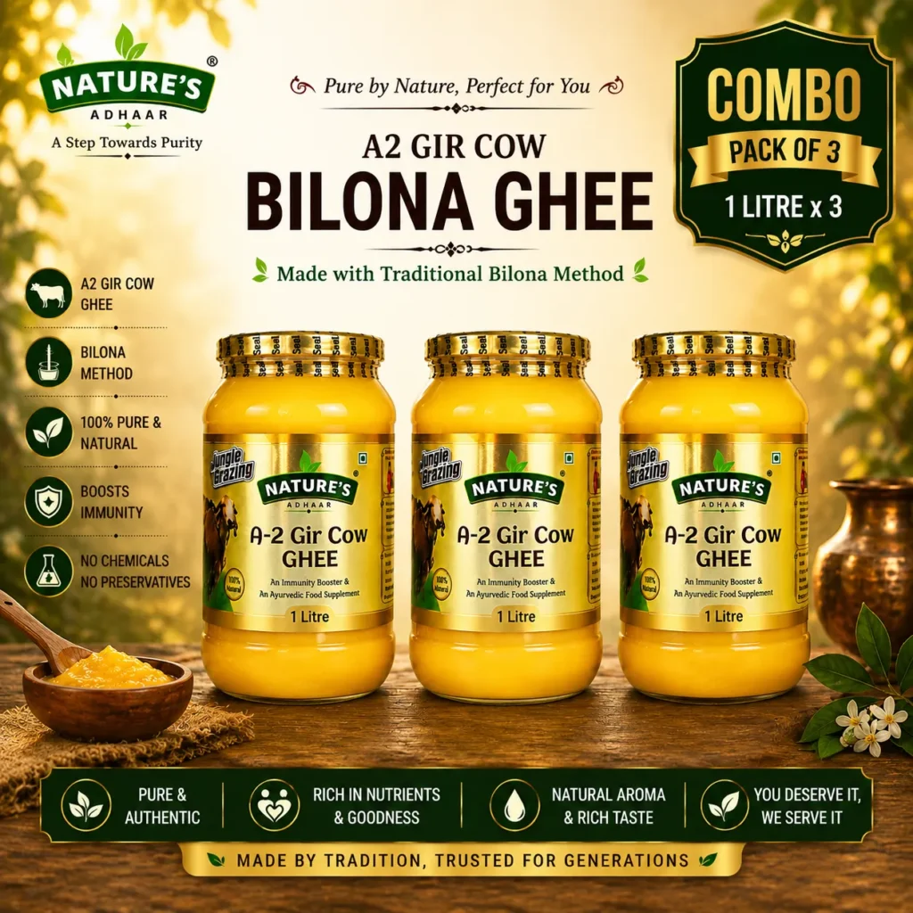 Nature's Adhaar Pure A2 Gir Cow Bilona Ghee 1L (Pack of 3) | Jungle Grazed | Grass-Fed | Handmade | Authentic Desi Ghee | 100% Natural | Curd Churned | Premium Desi Ghee (Combo)