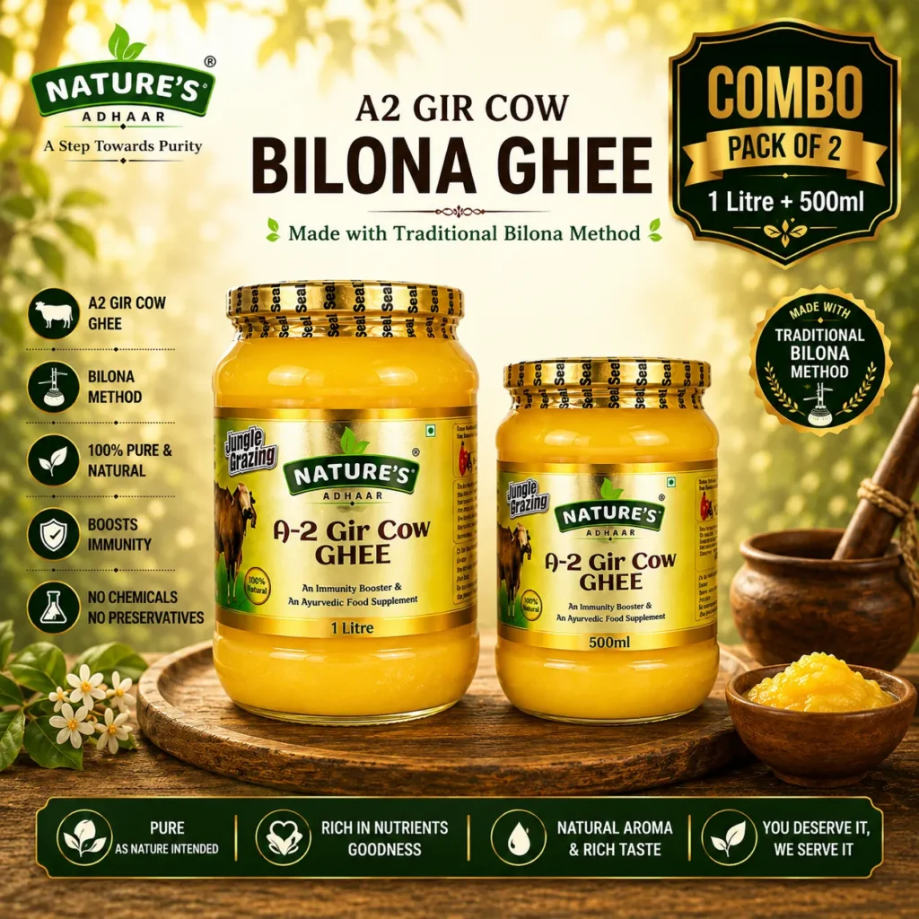 Nature's Adhaar Authentic A2 Gir Cow Bilona Ghee Combo (1L + 500ml) | Jungle Grazing | Kuno Forest Region | Traditional Bilona Method | Curd Churned | 100% Pure & Natural Desi Ghee