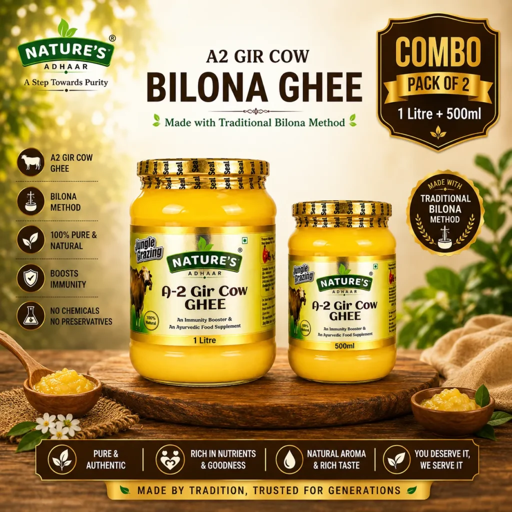 Nature's Adhaar A2 Gir Cow Bilona Ghee Combo (1L + 500ml) | Authentic Desi Ghee | Jungle Grazing | Kuno Forest Region | Grass-Fed | Curd Churned | 100% Pure & Natural