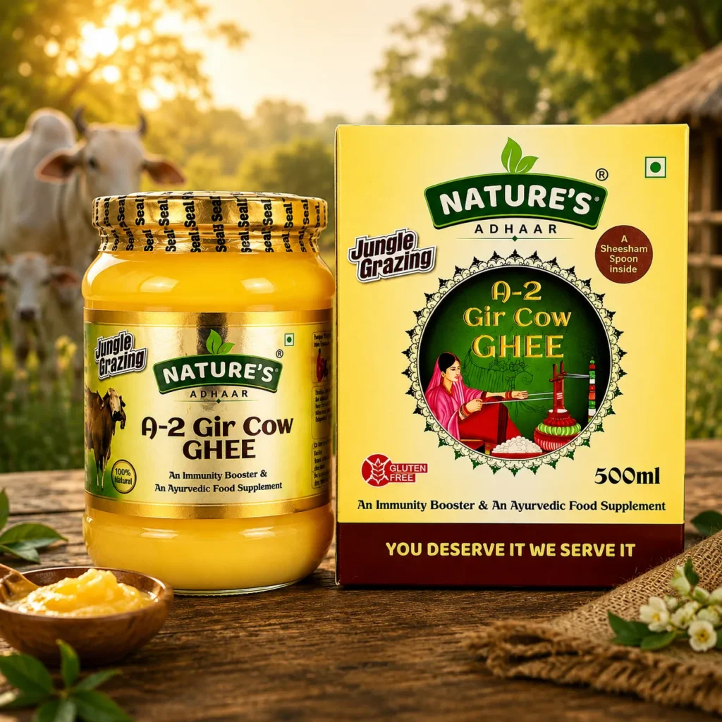 Nature's Adhaar Authentic Premium A2 Gir Cow Bilona Ghee 500ml | Jungle Grazing | Kuno Forest Region | Grass-Fed | Curd Churned | Traditional Bilona Method | 100% Natural