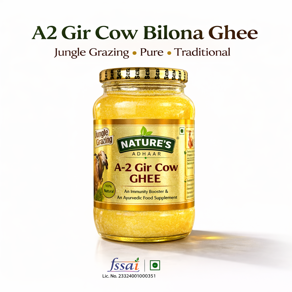 Nature’s Adhaar A2 Milk Cow Ghee 1L (1000ml) | Traditional Bilona Method | Jungle Grazed | Grass-Fed Curd Churned | Handmade Cultured Premium Desi Ghee | 100% Pure & Natural