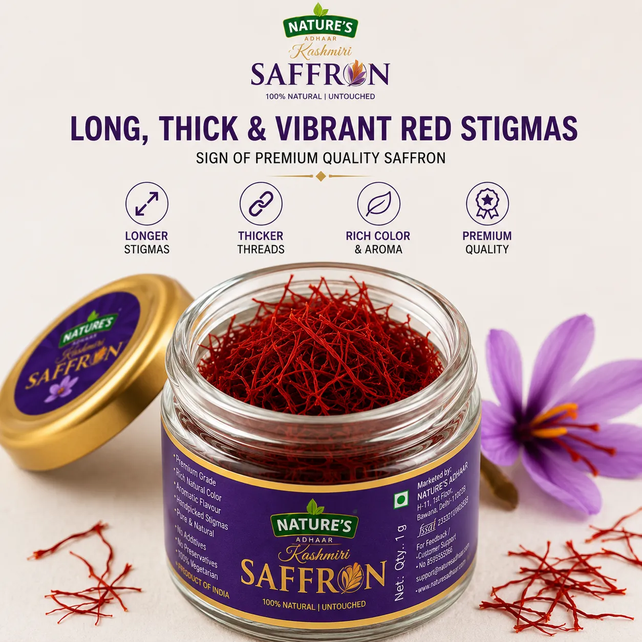 Kashmiri Saffron A Grade Long Kesar Threads | Hand Harvested Pure Kesar From Crocus Sativus | Rich Aroma Vibrant Color Premium Spice | 1G Pack | India Origin - Image 2