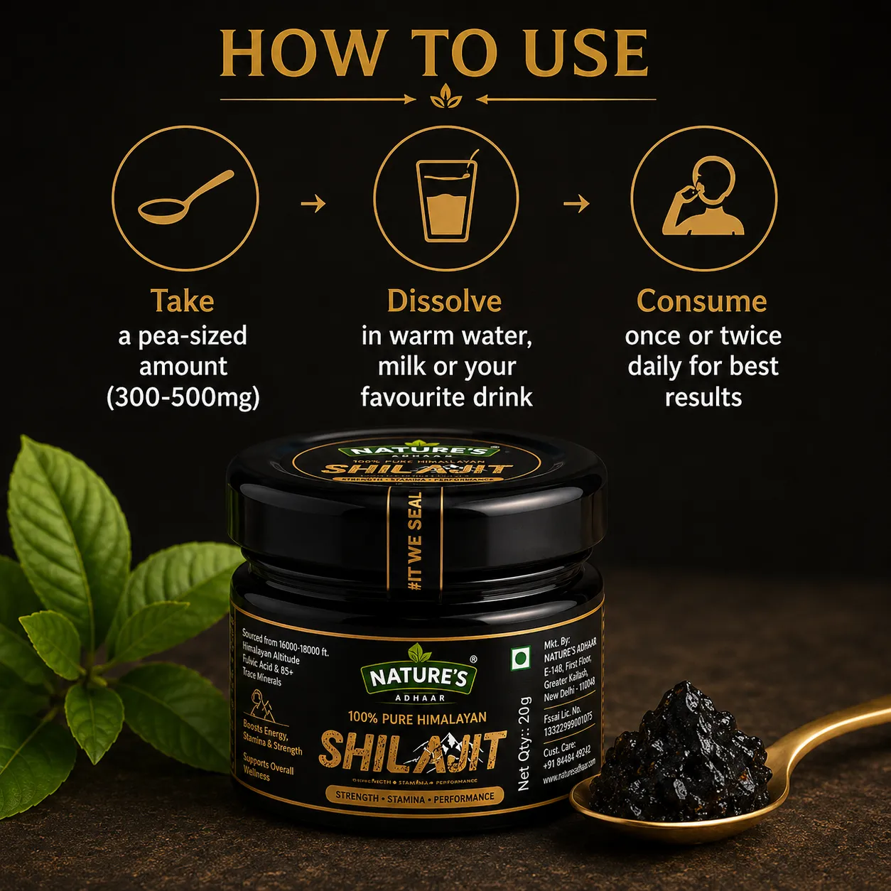 Nature's Adhaar Pure Himalayan Shilajit Resin | 100 Percent Natural Premium Shilajit | Traditional Mineral Rich Tar Like Extract | Glass Jar Packaging | Natural Supplement From India (20G) - Image 5