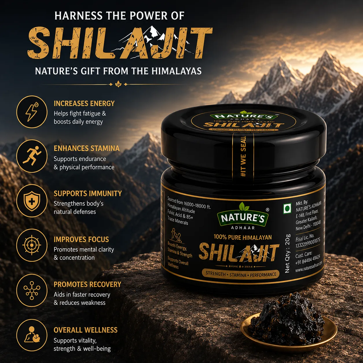 Nature's Adhaar Pure Himalayan Shilajit Resin | 100 Percent Natural Premium Shilajit | Traditional Mineral Rich Tar Like Extract | Glass Jar Packaging | Natural Supplement From India (20G) - Image 8
