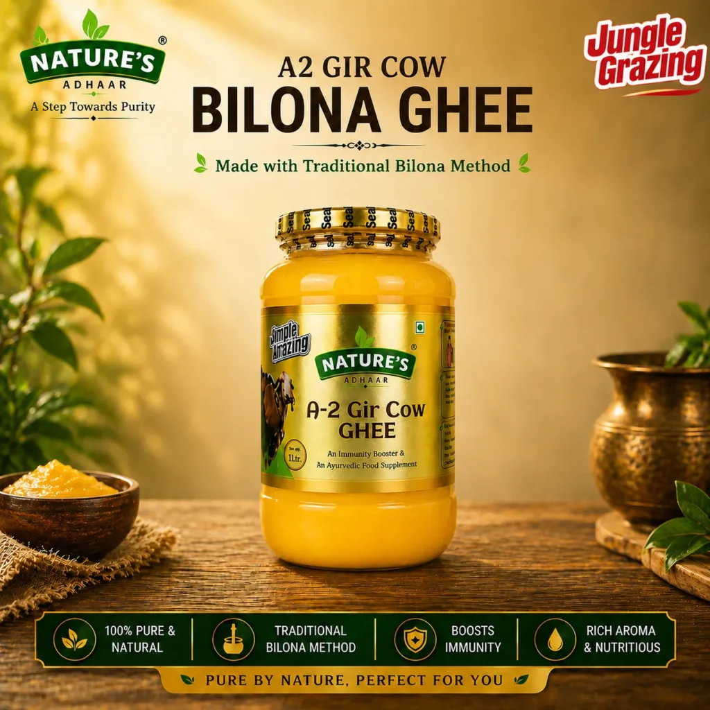 Nature's Adhaar A2 Gir Cow Bilona Ghee 1L (1000ml) | Jungle Grazing | Kuno Forest Region | Traditional Bilona Method | Curd Churned | Authentic Desi Ghee | 100% Pure & Natural