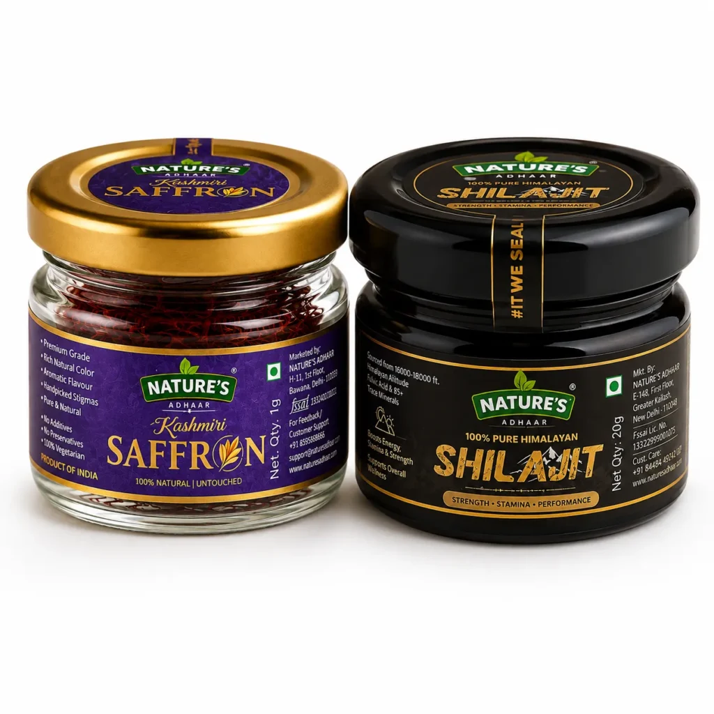 Nature's Adhaar Authentic Wellness Combo | Authentic Kashmiri Saffron A Grade Long Kesar Threads 1g & Pure Himalayan Shilajit Resin 20g | 100% Pure & Natural | Premium Wellness Pack