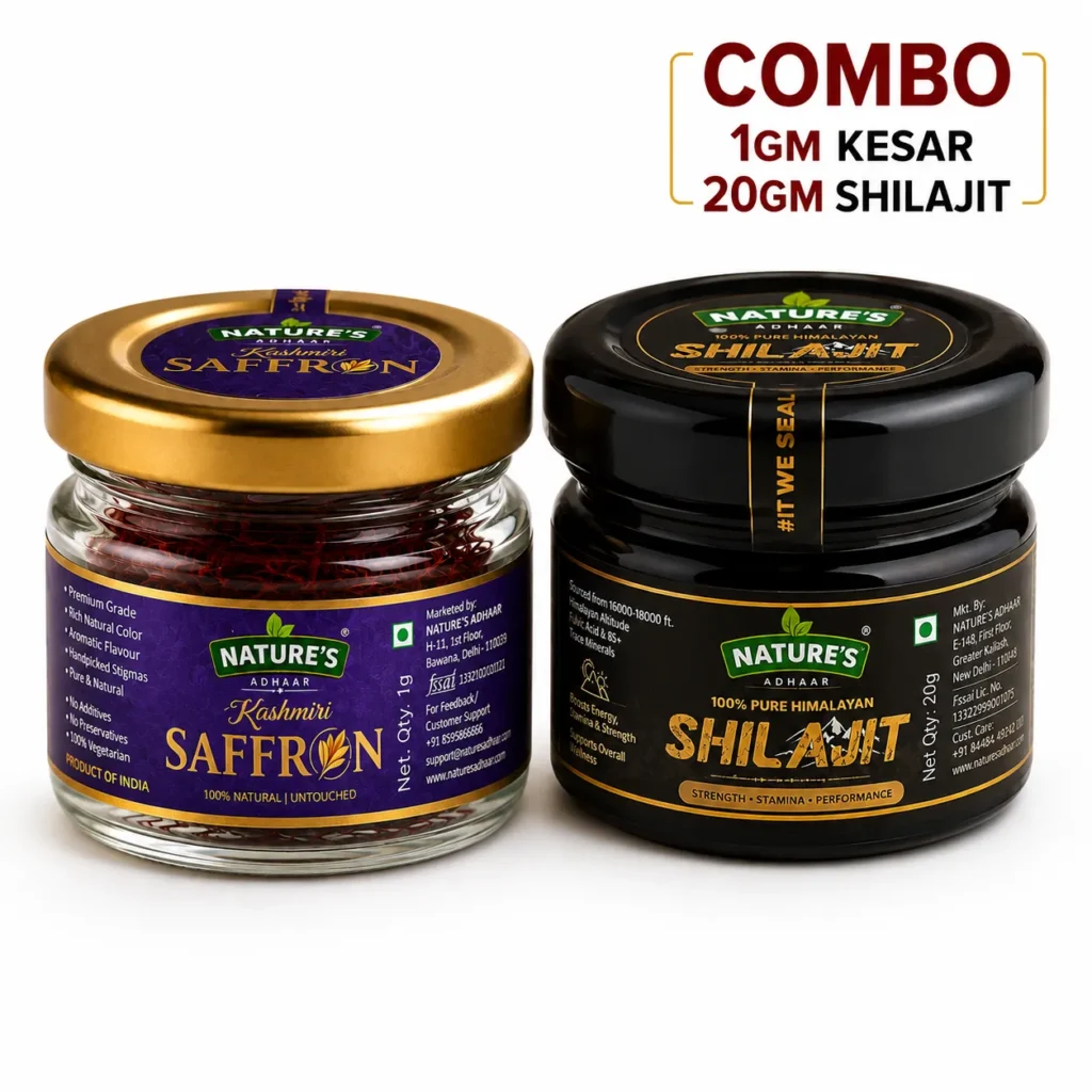 Nature's Adhaar Authentic Wellness Combo Shilajit & Kesar | Authentic Kashmiri Saffron A Grade Long Kesar Threads 1g & Pure Himalayan Shilajit Resin 20g | 100% Pure & Natural | Premium Wellness Pack