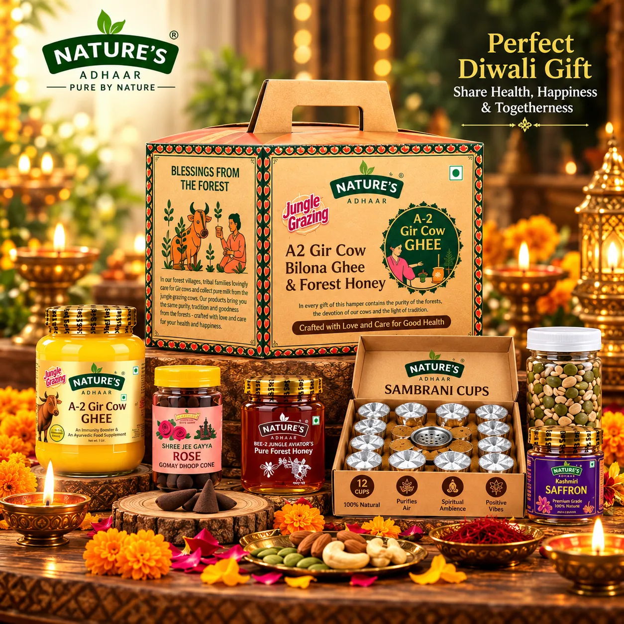 **Nature’s Adhaar Premium Diwali Gift Hamper – A2 Gir Cow Bilona Ghee, Pure Forest Honey, Kashmiri Saffron, Dry Fruits & Seeds, Sambrani Cups and Dhoop** Combo