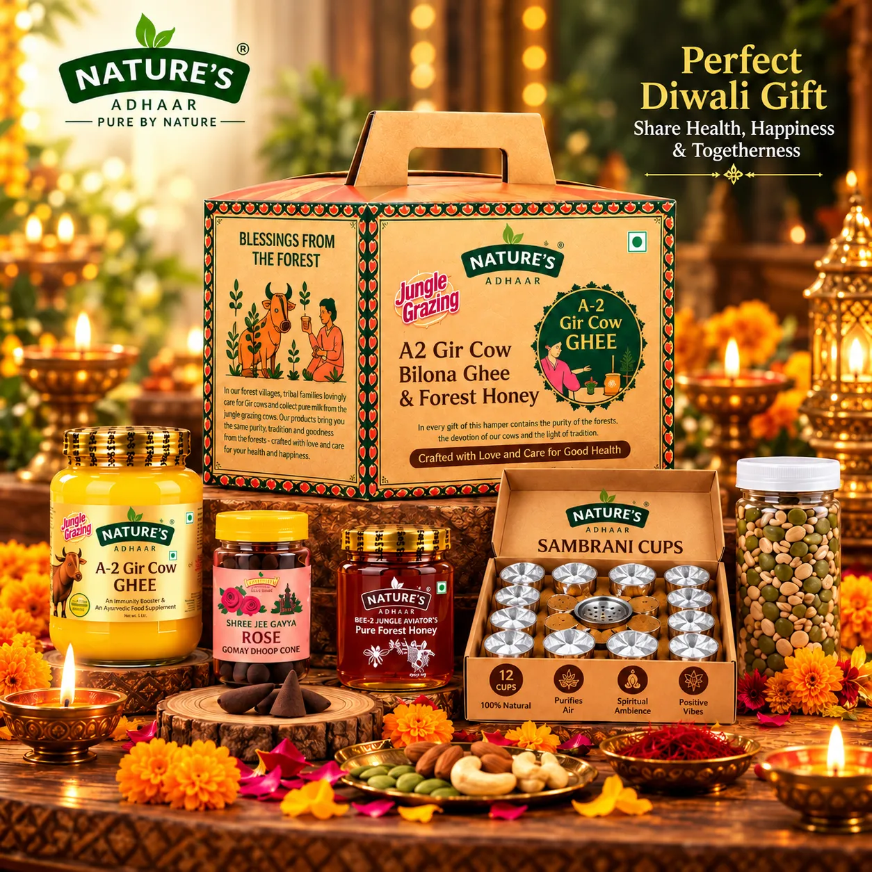 **Nature’s Adhaar Premium Diwali Gift Hamper – A2 Gir Cow Bilona Ghee, Pure Forest Honey, Dry Fruits & Seeds, Sambrani Cups and Dhoop** Combo-2